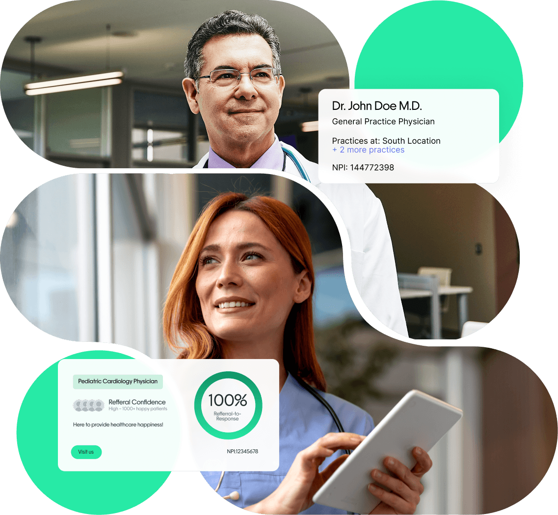 Bento lockup of doctor and nurse with UI elements
