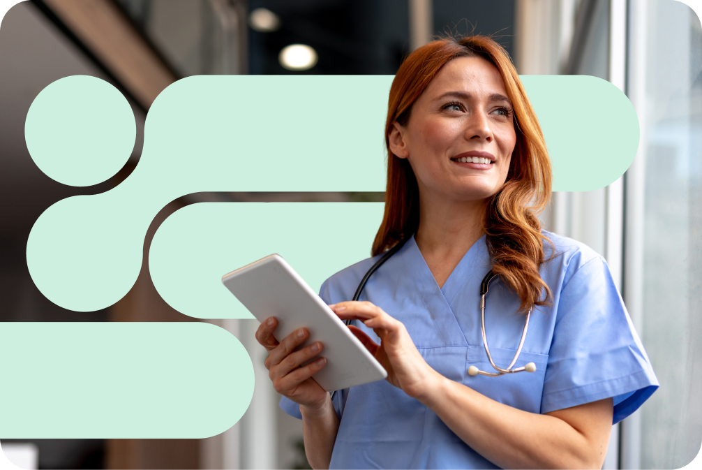 Feature Post image of nurse with tablet in front of graphic elements