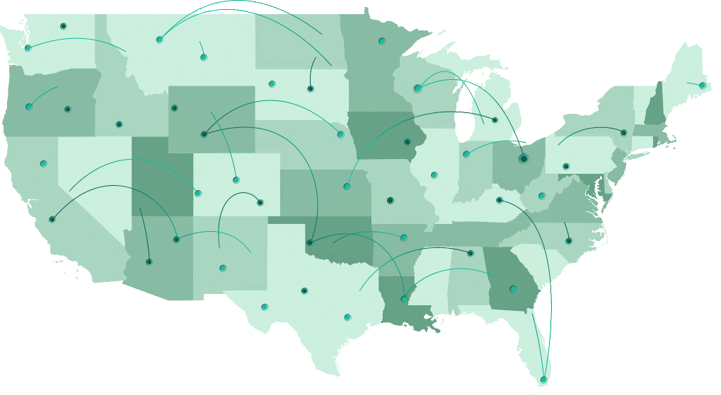 US map with network connections across the different states.