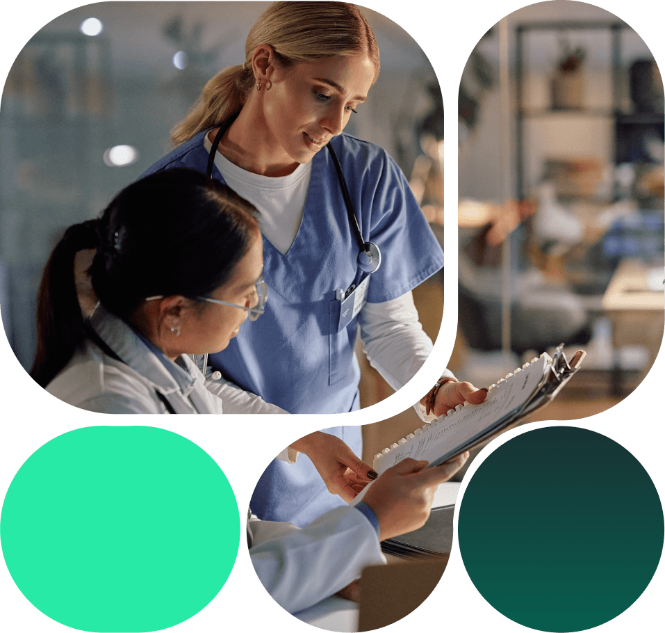 Two healthcare professionals discussing patient records in a medical office.